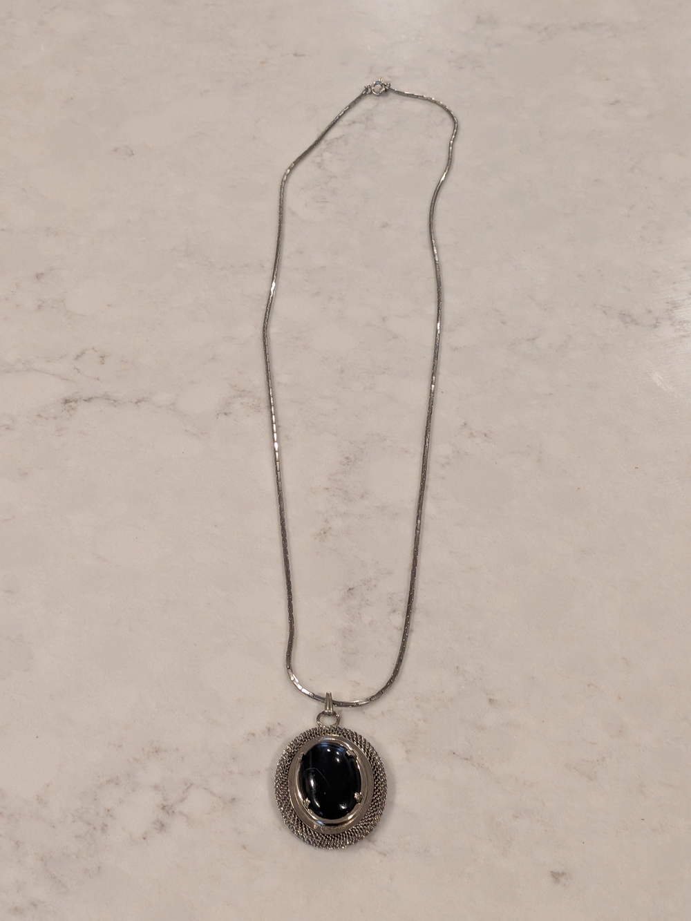 Silver Tone Onyx Oval Pendant - Necklace Boho Jewelry